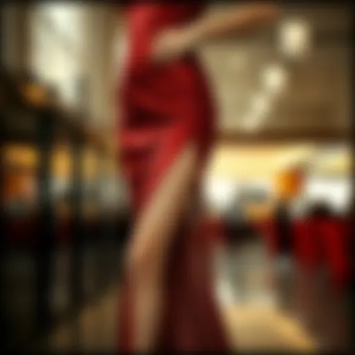 A stunning display of a red sequin dress with a daring slit showcasing elegance and glamour.