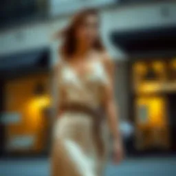 Elegant silk top styled with a high-waisted skirt