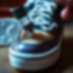 Close-up view of sneaker repair glue application on sole