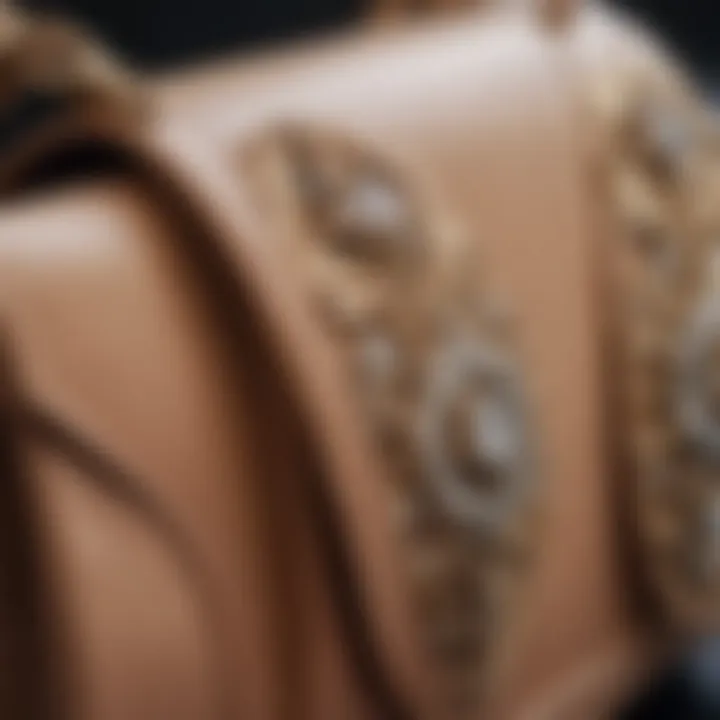 Close-up of the craftsmanship details on a luxury shoulder purse.