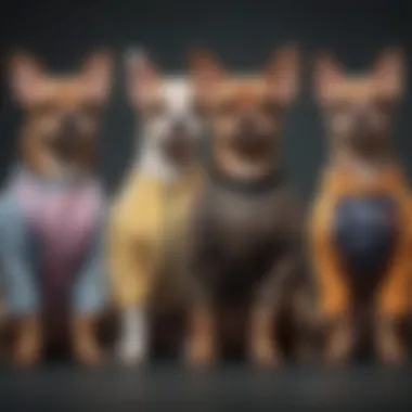 Group of small dogs in various bodysuit designs