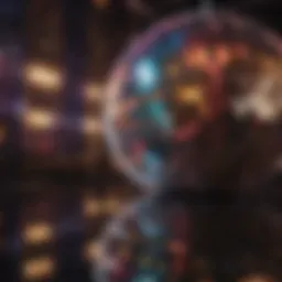 A vintage mirror disco ball reflecting colorful lights in a nightclub setting