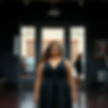 Versatile styling options for black dress in various settings