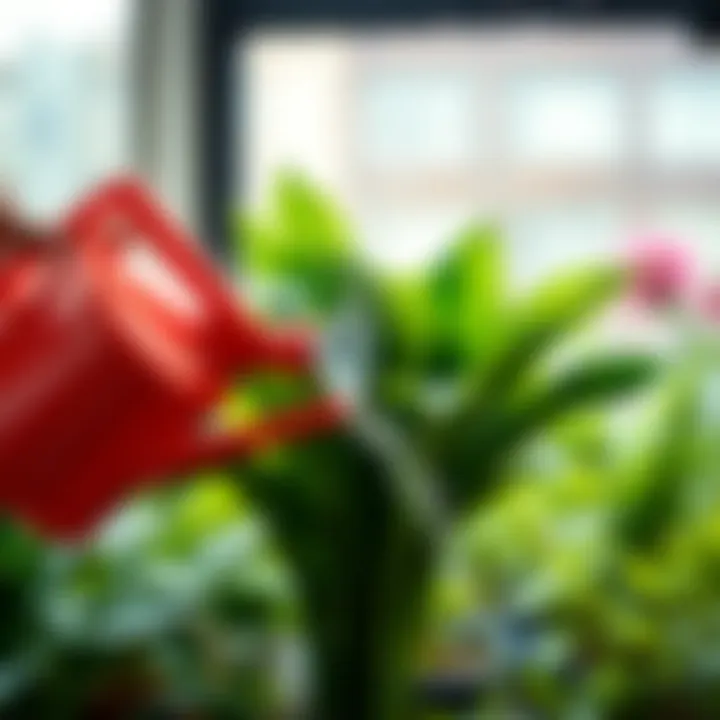 A close-up of a thriving indoor plant being gently watered.