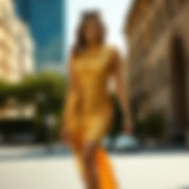 Fashion Influencer in a Shiny Metallic Dress A fashion influencer showcasing a striking metallic dress outdoors