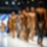 A vibrant display of shiny metallic dresses on a runway