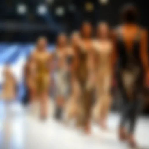 A vibrant display of shiny metallic dresses on a runway