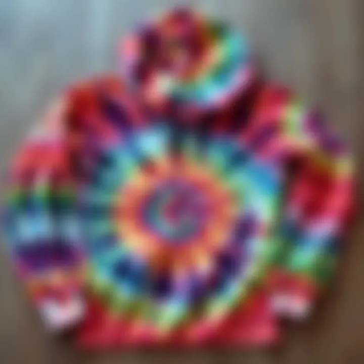 A vibrant tie dye hoodie spread out on a wooden surface showcasing its intricate patterns.