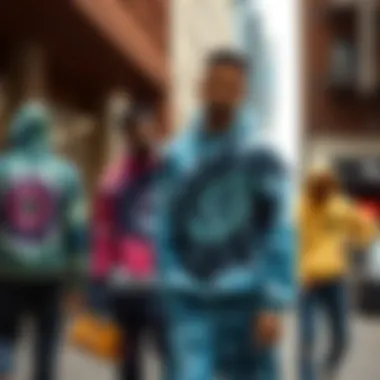 A street style photograph capturing a group of individuals wearing tie dye graphic hoodies in an urban setting.