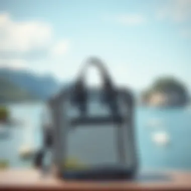 A travel bag displayed against a scenic travel backdrop
