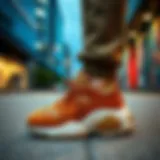 Stylish brown chunky sneakers on a modern urban street