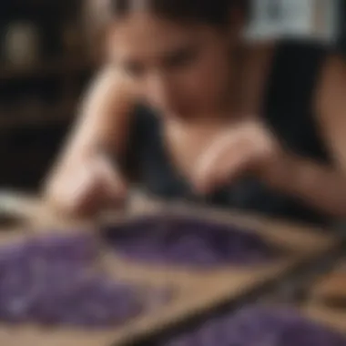 Crafting with Amethyst Beads Artisan creating jewelry with amethyst beads and tools