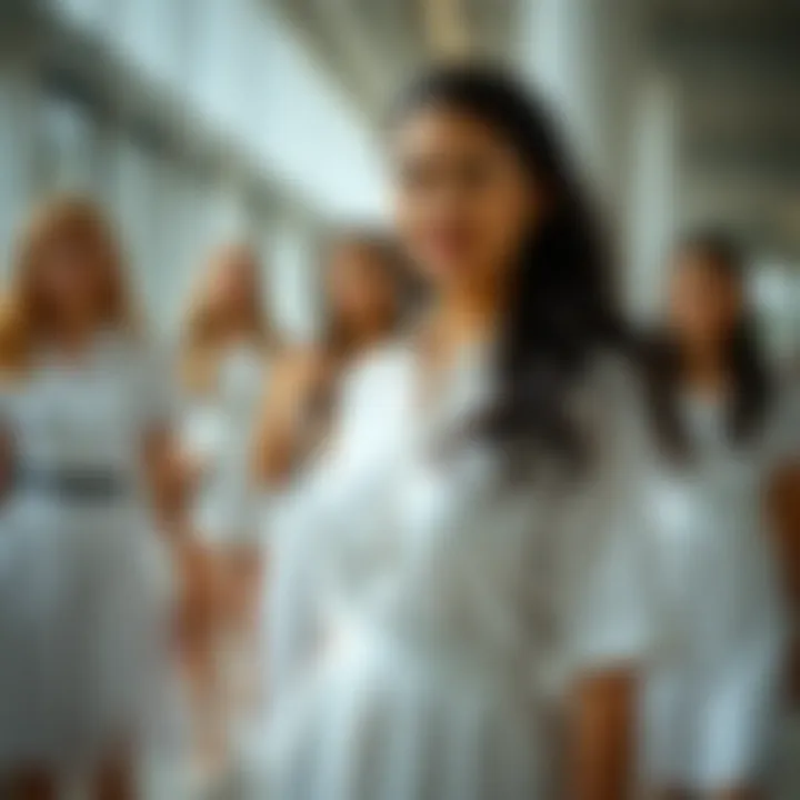 Diverse styles of white dresses worn in educational environments