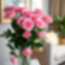 A stunning arrangement of pink artificial roses elegantly displayed in a modern home setting.