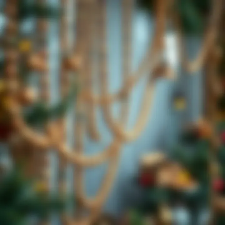 Creative Display of Wood Bead Garland Creative display of large wood bead garland intertwined with seasonal decorations