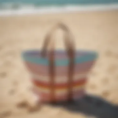 Stylish foldable beach tote on a sandy beach