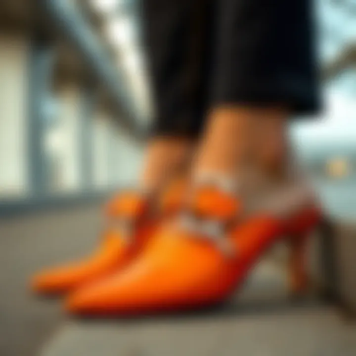Design Features Unveiled Close-up of orange mules showcasing unique design details