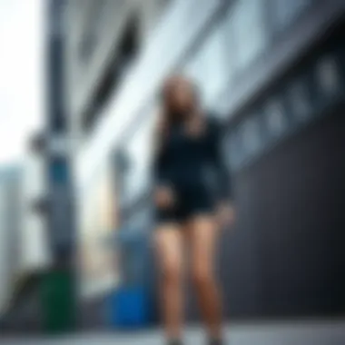 Fashionable outfit featuring a black shorts onesie in an urban setting