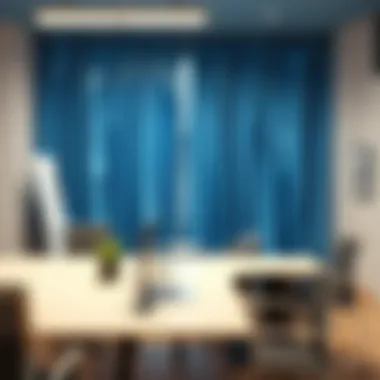 Modern Office Design with Blue Foil Curtains Commercial office featuring blue foil curtains for a modern touch