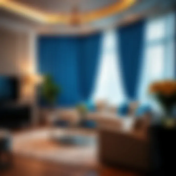 Elegant Living Room with Blue Foil Curtains Elegant living space adorned with blue foil curtains