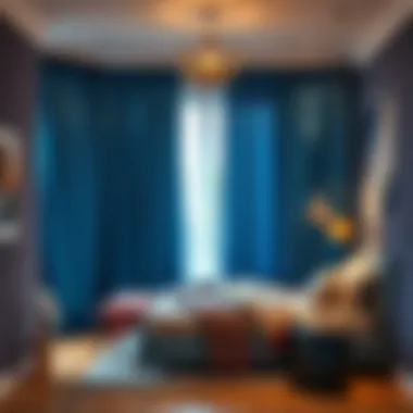 Chic Bedroom with Blue Foil Curtains Stylish bedroom decorated with blue foil curtains