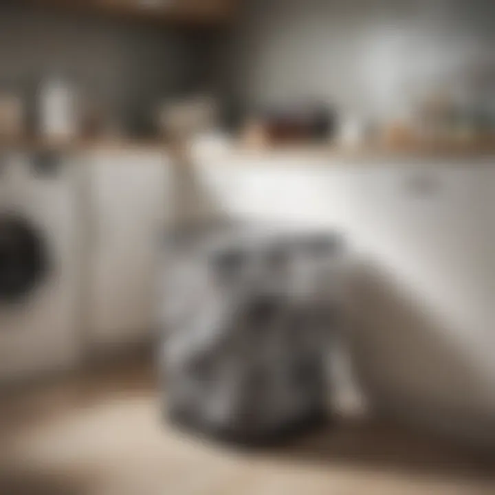 A stylish mesh hamper in a modern laundry room.