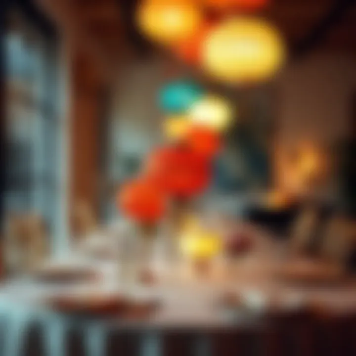 Elegant arrangement of colorful paper lanterns on a dining table.