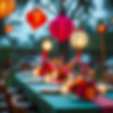 A vibrant outdoor table arrangement featuring paper lanterns.