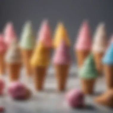 A vibrant display of various ice cream flavors atop squishy cones