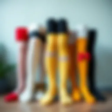 A playful arrangement of different styles of thigh high socks