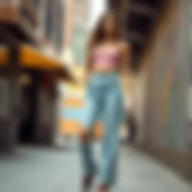 Frayed Hem Jeans in Urban Fashion A model showcasing frayed hem jeans in a trendy urban setting