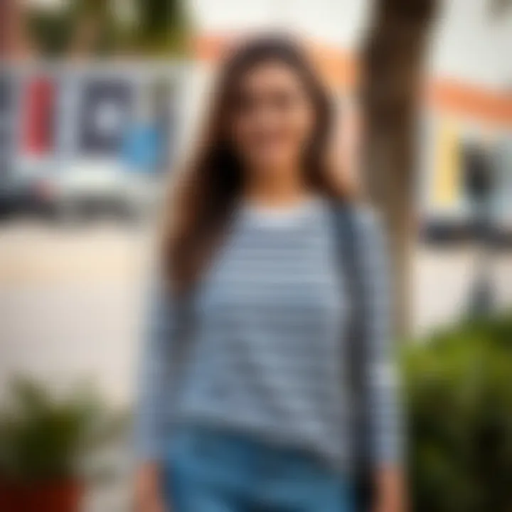 Casual Chic with Striped Long Sleeve Tee Woman wearing a striped long sleeve tee in a casual outdoor setting